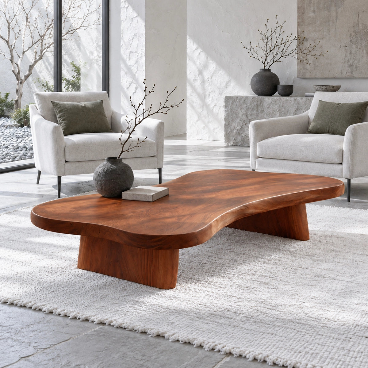 Modern Coffee Table with Undulating Live-Edge Slab on Twin Inset Pillar Blocks1