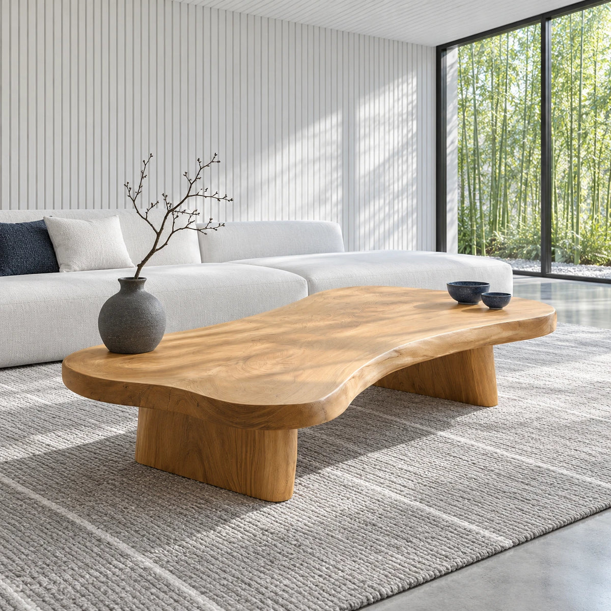 Modern Coffee Table with Undulating Live-Edge Slab on Twin Inset Pillar Blocks - Arboriswood - 9