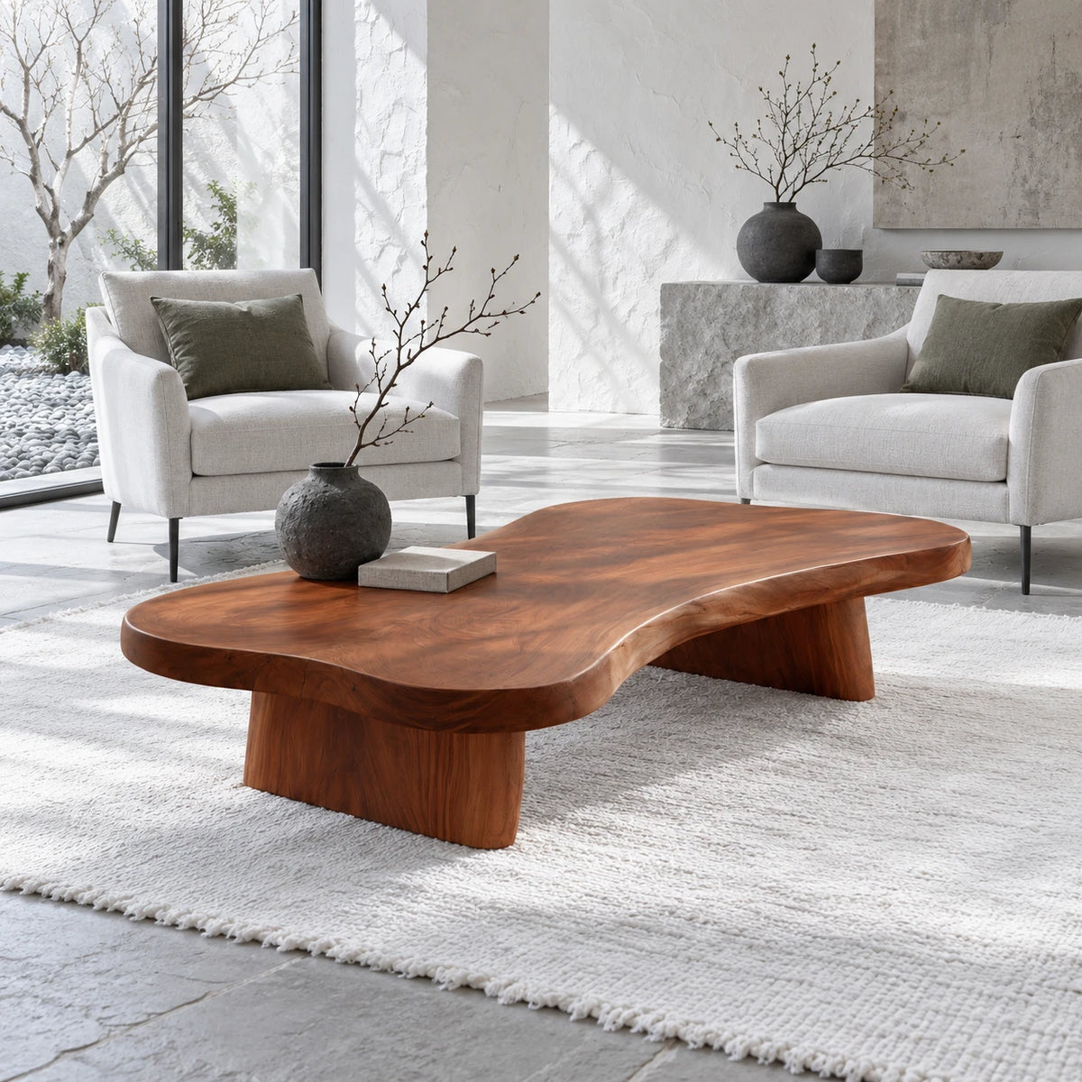 Modern Coffee Table with Undulating Live-Edge Slab on Twin Inset Pillar Blocks - Arboriswood