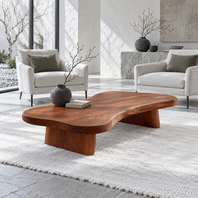 Modern Coffee Table with Undulating Live-Edge Slab on Twin Inset Pillar Blocks - Arboriswood