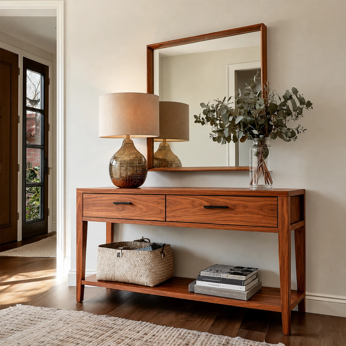 Modern console sideboard with dual drawers and open shelf storage for organized interiors