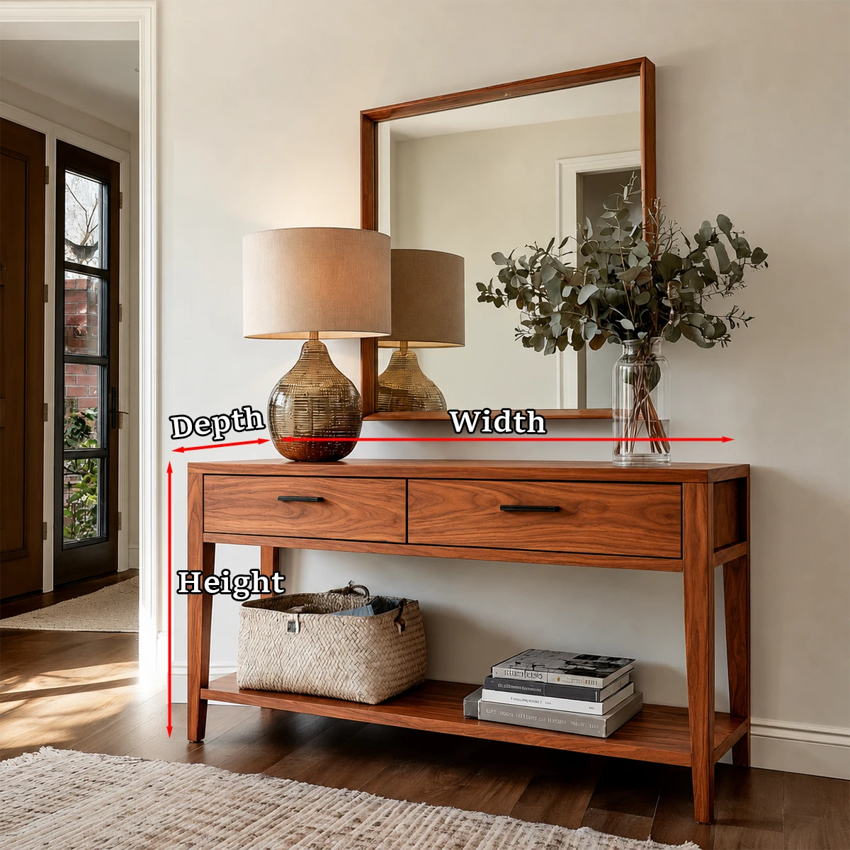 Modern foyer console with clean architectural lines and versatile open storage design