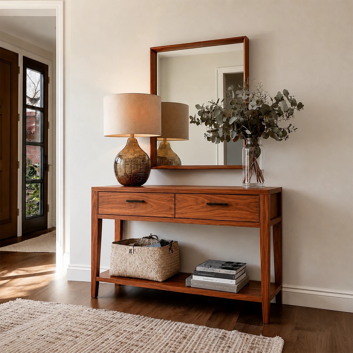 Wooden console table with lamp, mirror, and decorative items in a room.