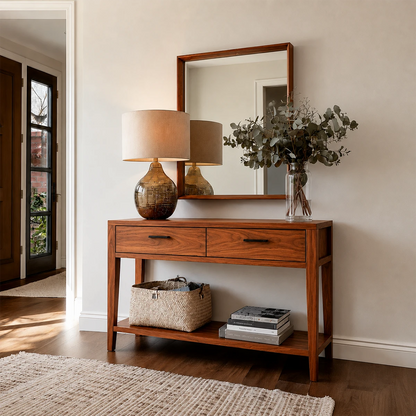 Wooden console table with lamp, mirror, and decorative items in a room.