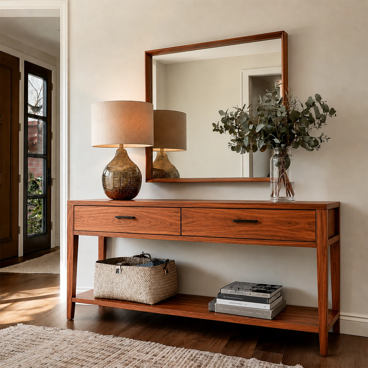 Wooden console table with mirror, lamp, and decorative items in a room.