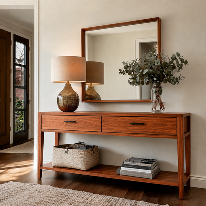 Wooden console table with mirror, lamp, and decorative items in a room.