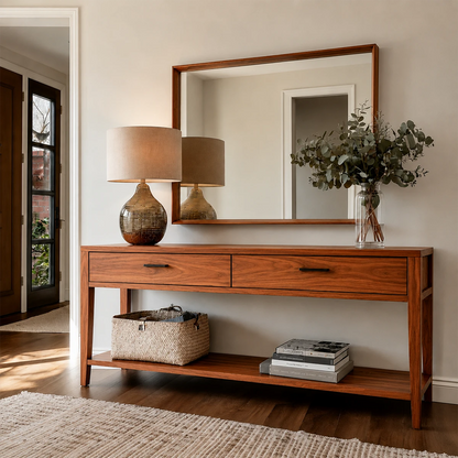 Wooden console table with mirror, lamp, and decorative items in a room.