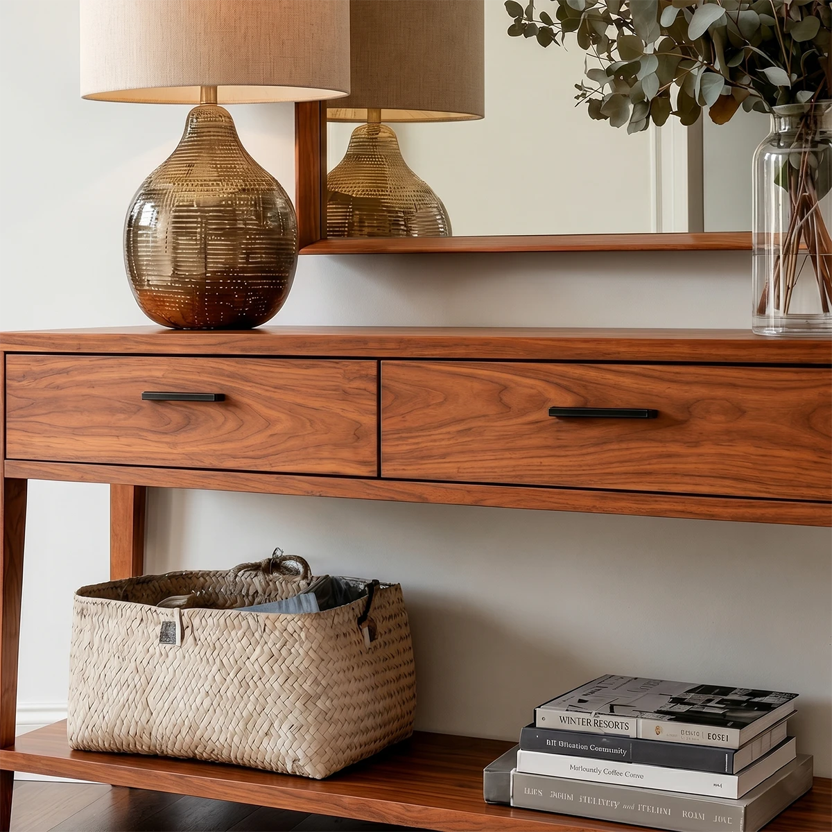 Minimalist console cabinet with open display shelf and streamlined drawer organization