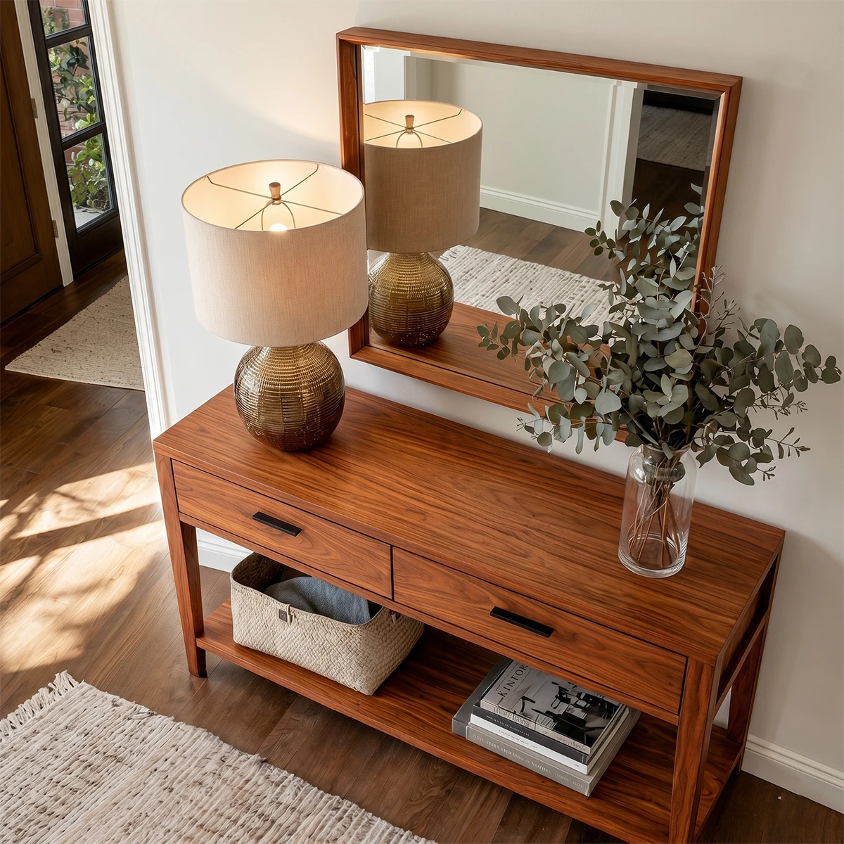 Modern hallway console featuring integrated drawers and spacious lower storage shelf