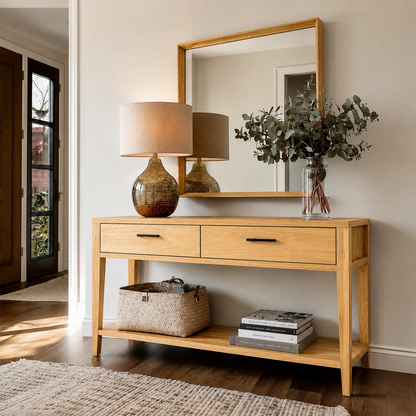 Contemporary storage console designed with dual drawers and accessible lower shelving