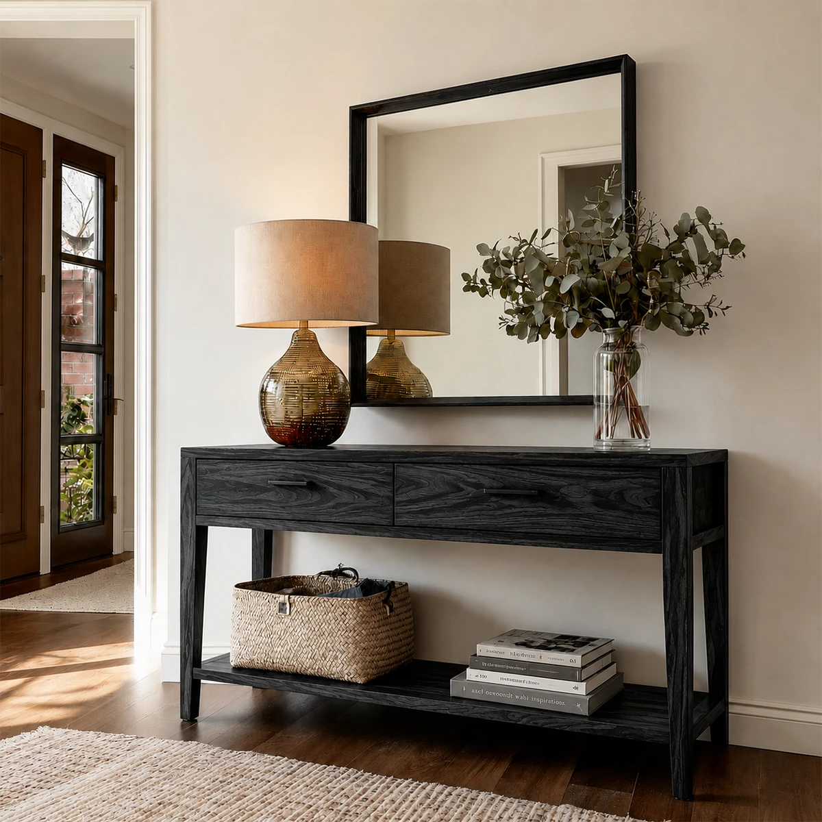 Stylish entryway cabinet with open shelf storage and minimalist drawer front detailing