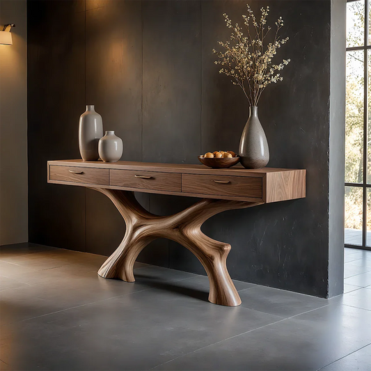 Modern console table with sculptural base and drawers for stylish entryway storage solutions