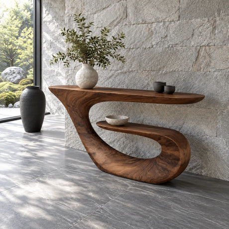 Modern Console Table with Continuous Ribbon Loop Base and Open Lower Shelf - Arboriswood - 2