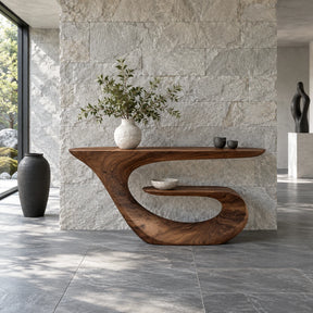 Modern Console Table with Continuous Ribbon Loop Base and Open Lower Shelf - Arboriswood