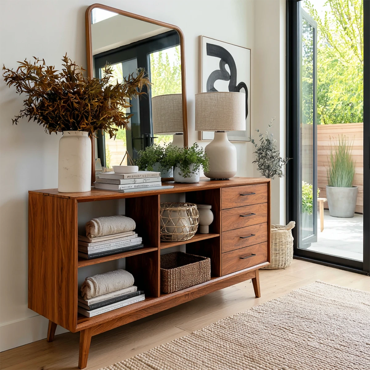 Modern console table with four drawers and open cubby storage for organized entryways