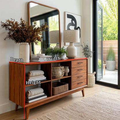 Modern accent console featuring four functional drawers and lower cubby organization