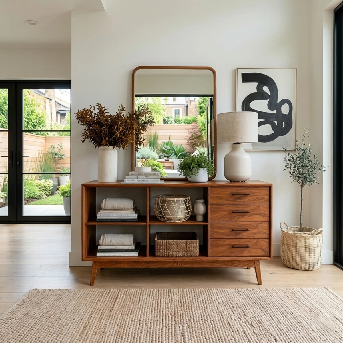 Contemporary entryway table featuring drawer storage and open compartments for essentials