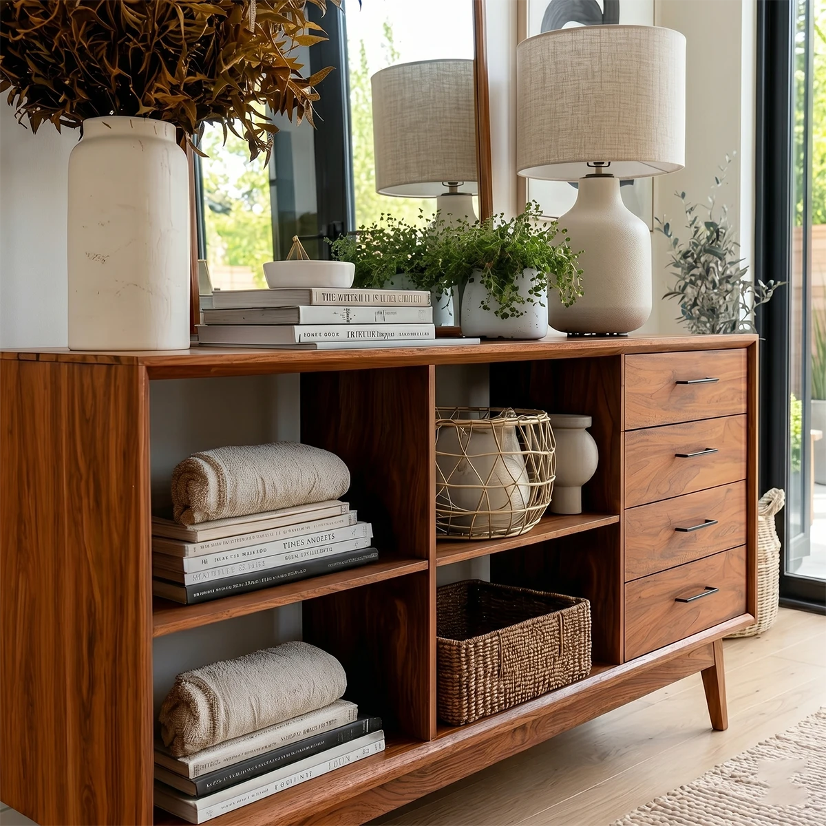 Elegant hallway console with four drawers and display cubbies for practical organization