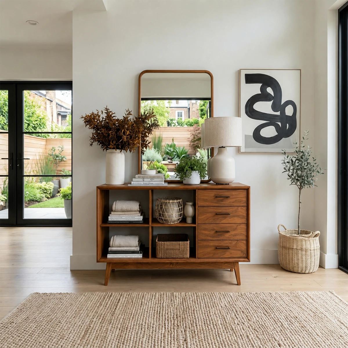 Streamlined entry console with concealed storage and open display compartments below