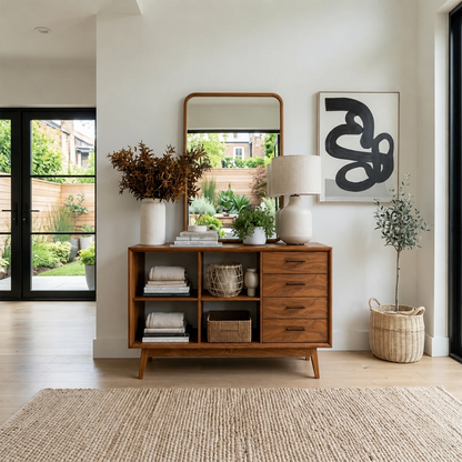 Streamlined entry console with concealed storage and open display compartments below