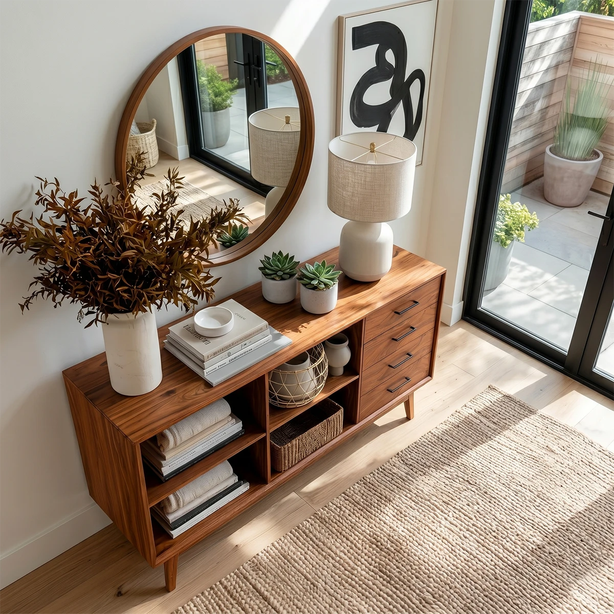 Refined console cabinet with multiple drawers and spacious open cubbies for storage