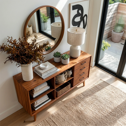 Refined console cabinet with multiple drawers and spacious open cubbies for storage