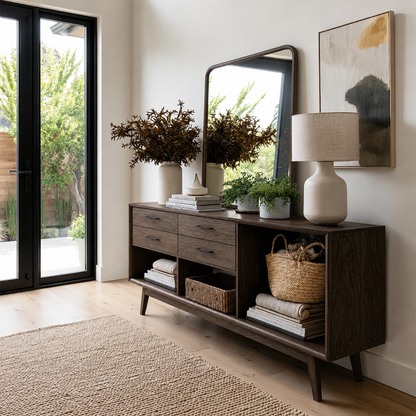 Stylish entryway console offering drawer organization and accessible display shelving