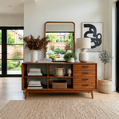 Contemporary foyer console combining drawer storage and open shelving for organization