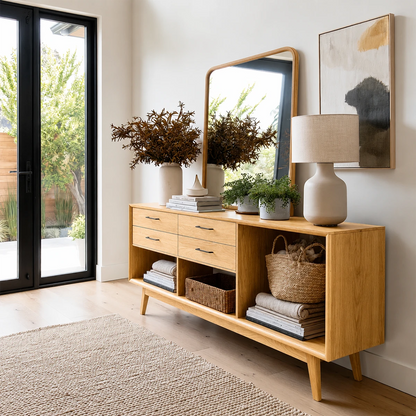Versatile sofa table with four drawers and open compartments for modern home storage