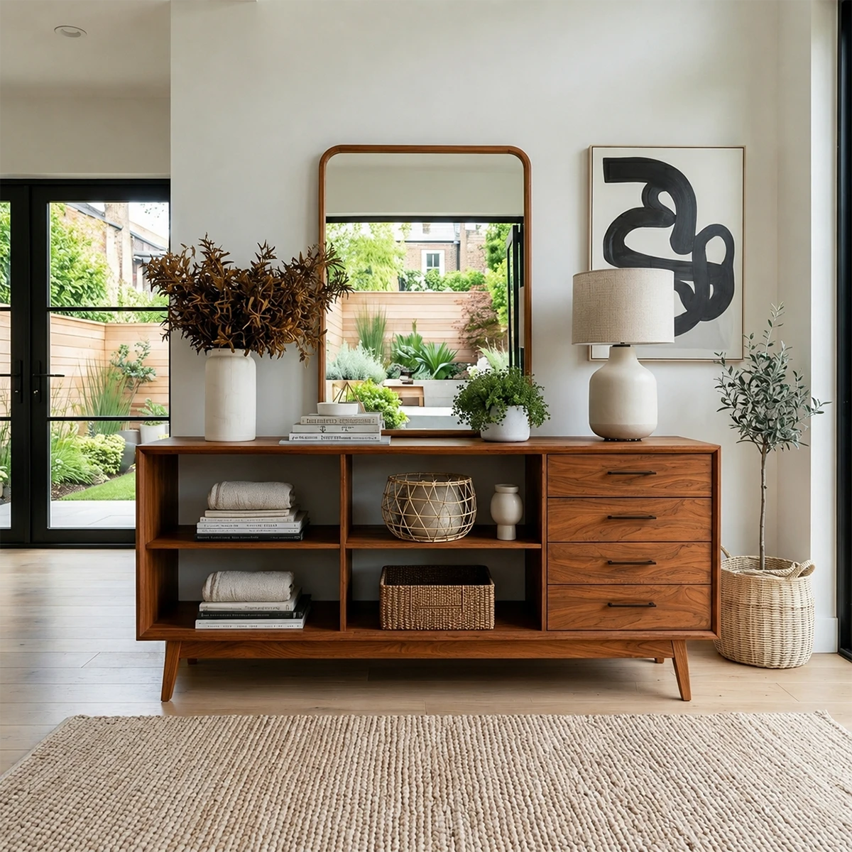 Elegant storage console with four drawers and display cubbies for organized interiors