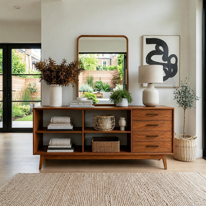 Elegant storage console with four drawers and display cubbies for organized interiors