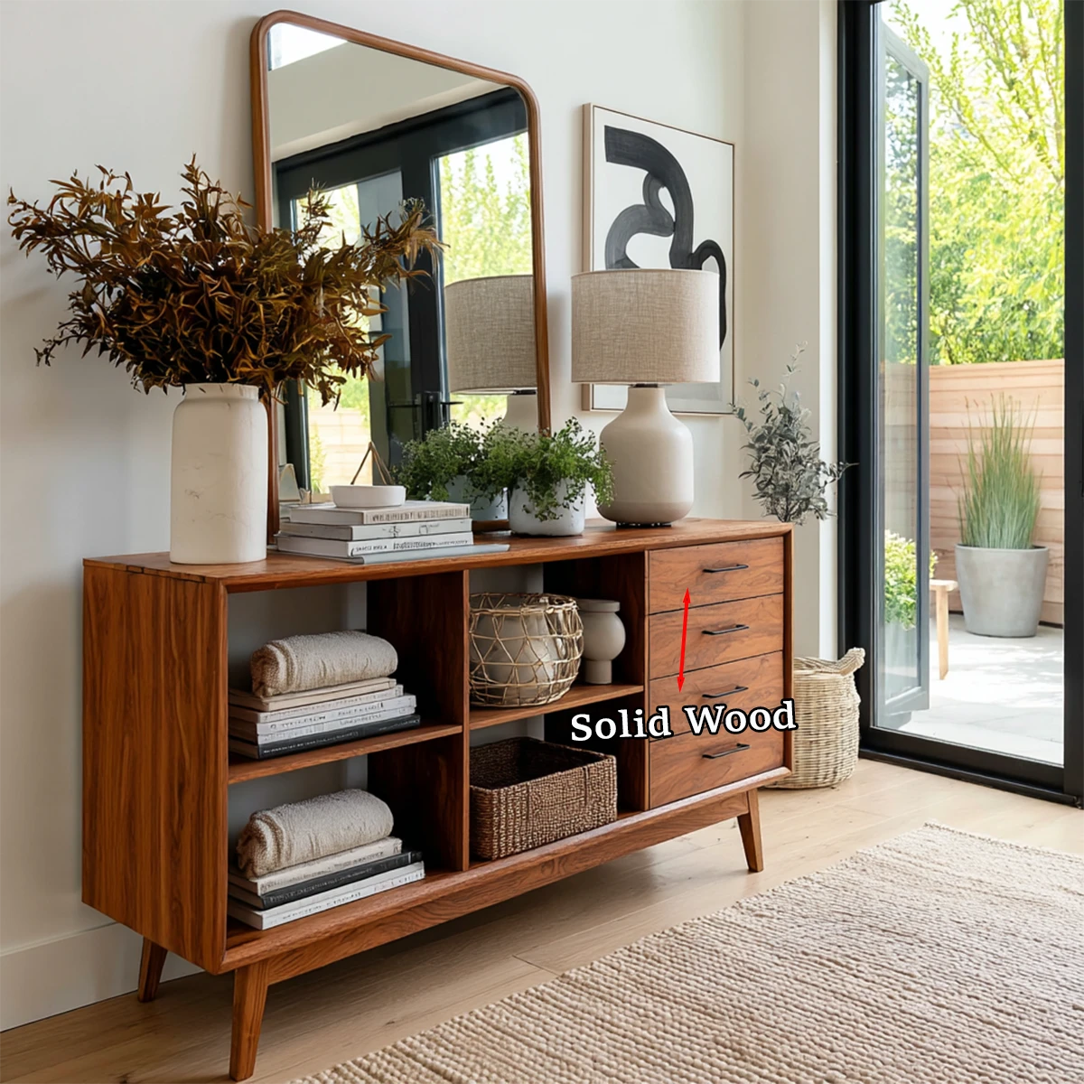 Contemporary storage console with organized drawers and open shelving for entry spaces