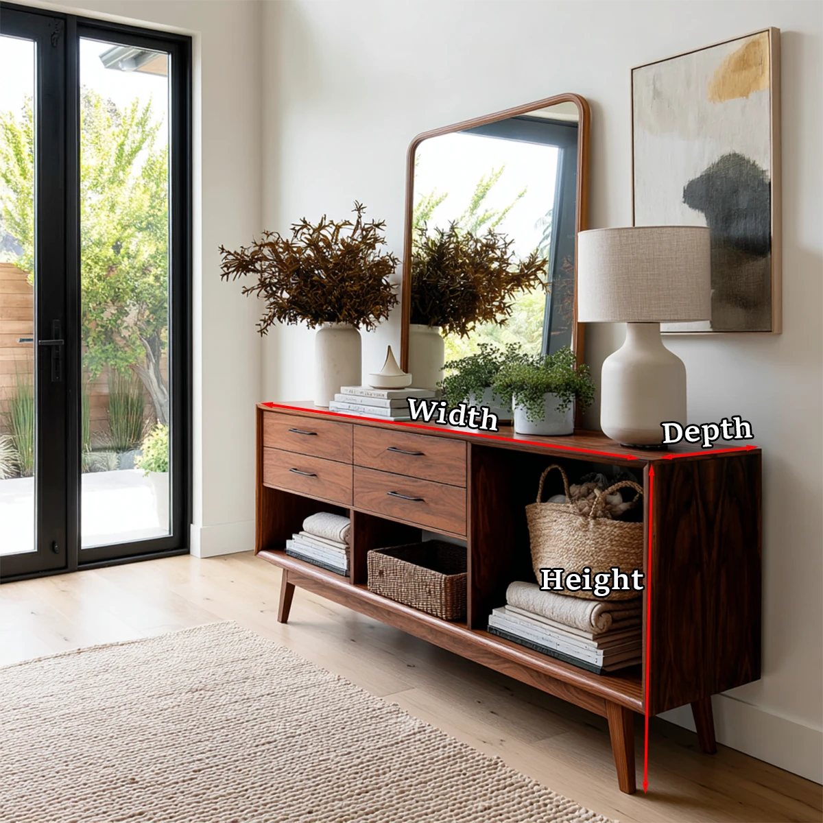 Modern accent console featuring four functional drawers and lower shelf storage space