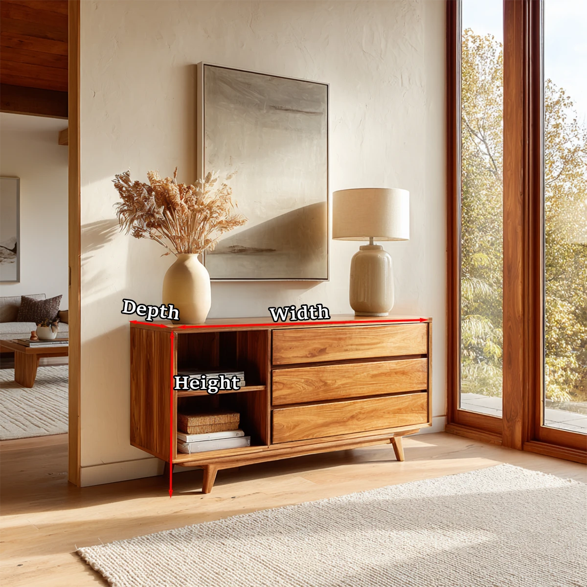 Modern accent console featuring practical storage drawers and accessible shelving space