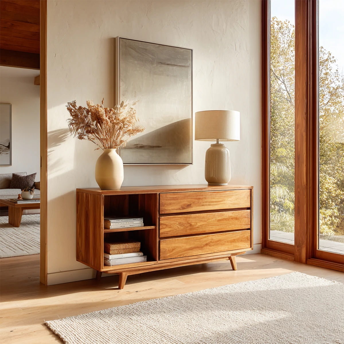 Modern console table with three drawers and open shelf storage for organized entryways