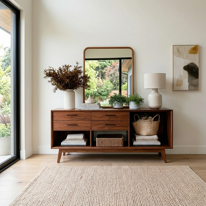Contemporary entryway table featuring drawer storage and spacious open display compartments