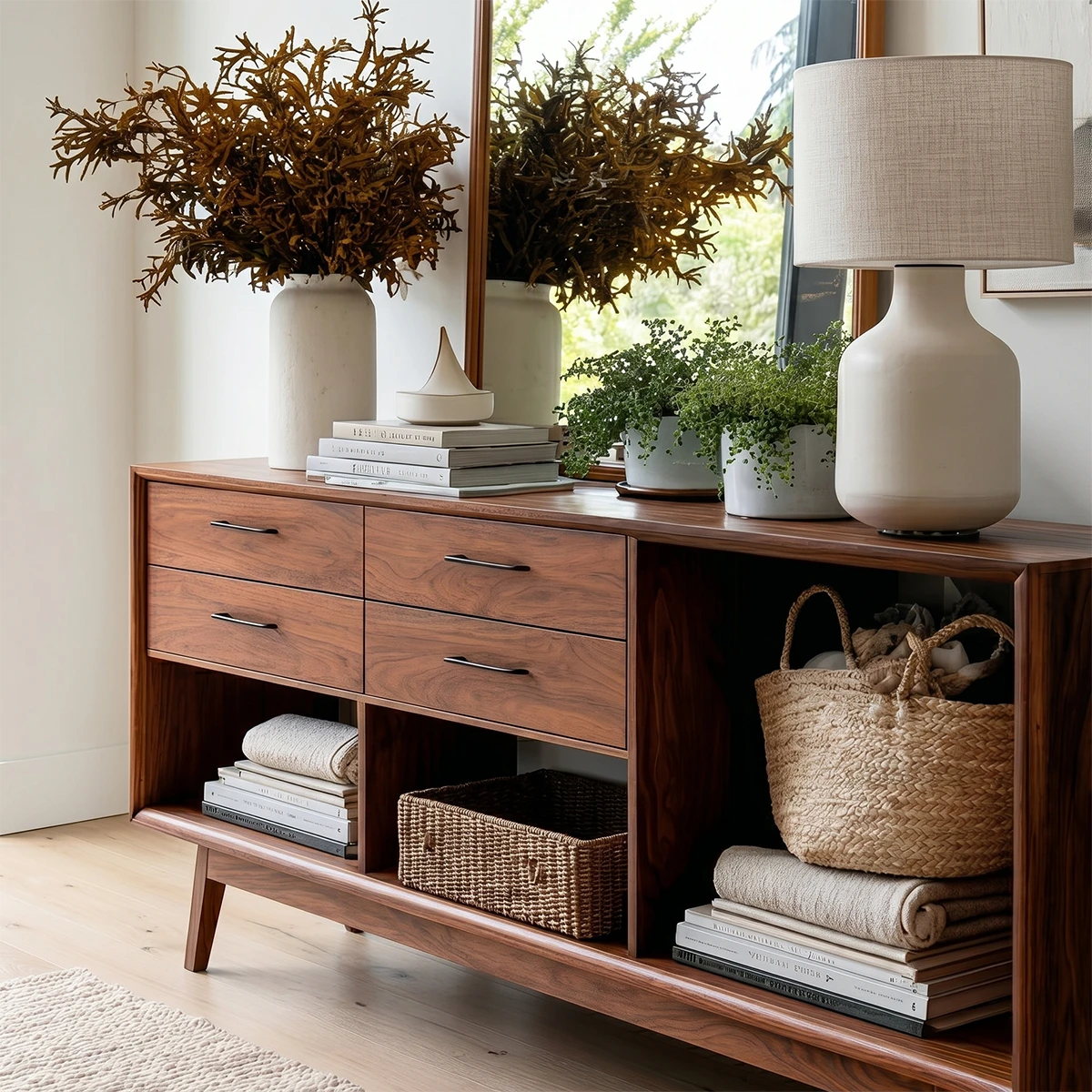 Elegant hallway console with four drawers and lower shelving for everyday organization