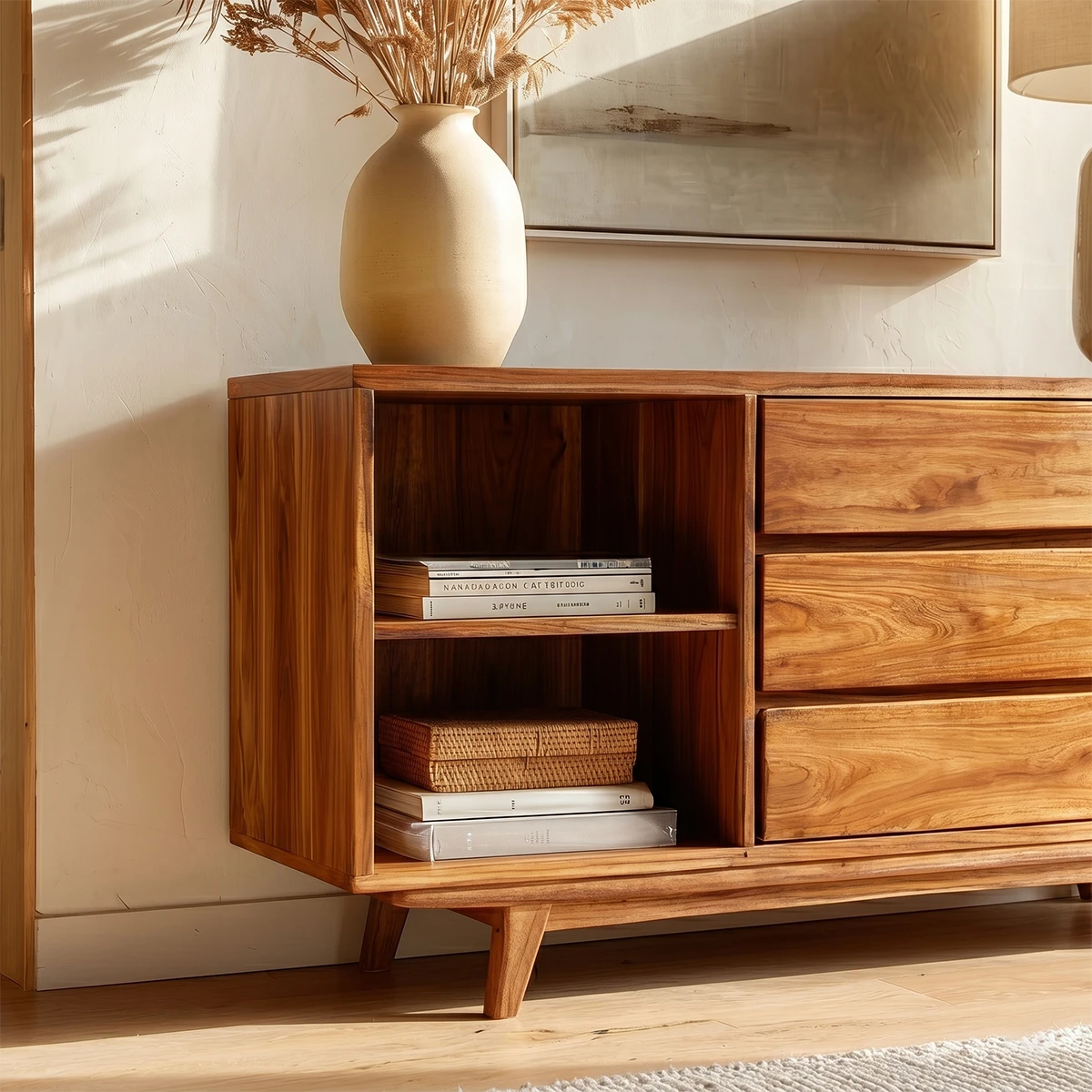 Contemporary hallway console with spacious drawers and display shelf for modern homes