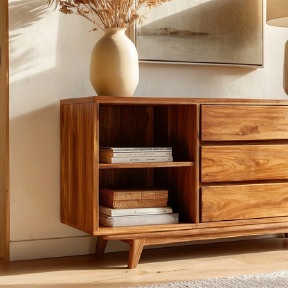 Contemporary hallway console with spacious drawers and display shelf for modern homes