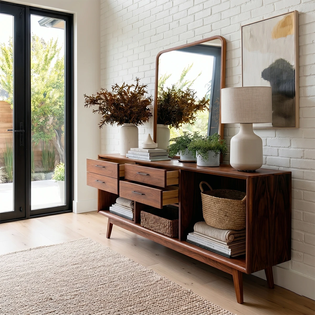 Functional foyer table offering concealed drawer storage and open shelf display space