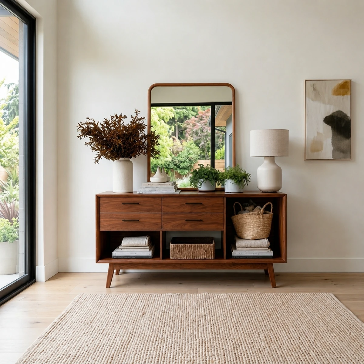 Streamlined entry console with organized drawer storage and open display shelving below