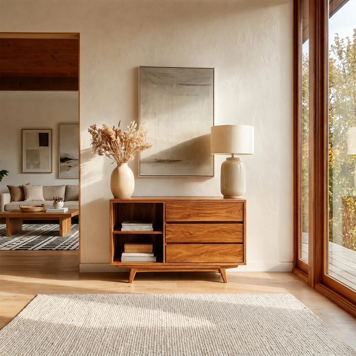 Clean lined foyer console with organized drawer compartments and open display shelf