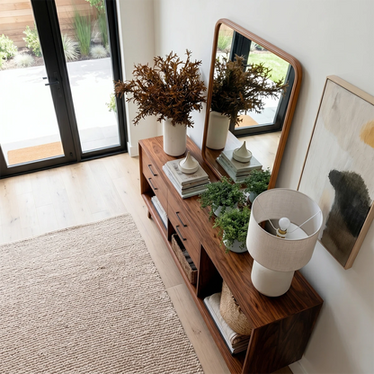 Refined console cabinet with multiple drawers and accessible lower storage compartments