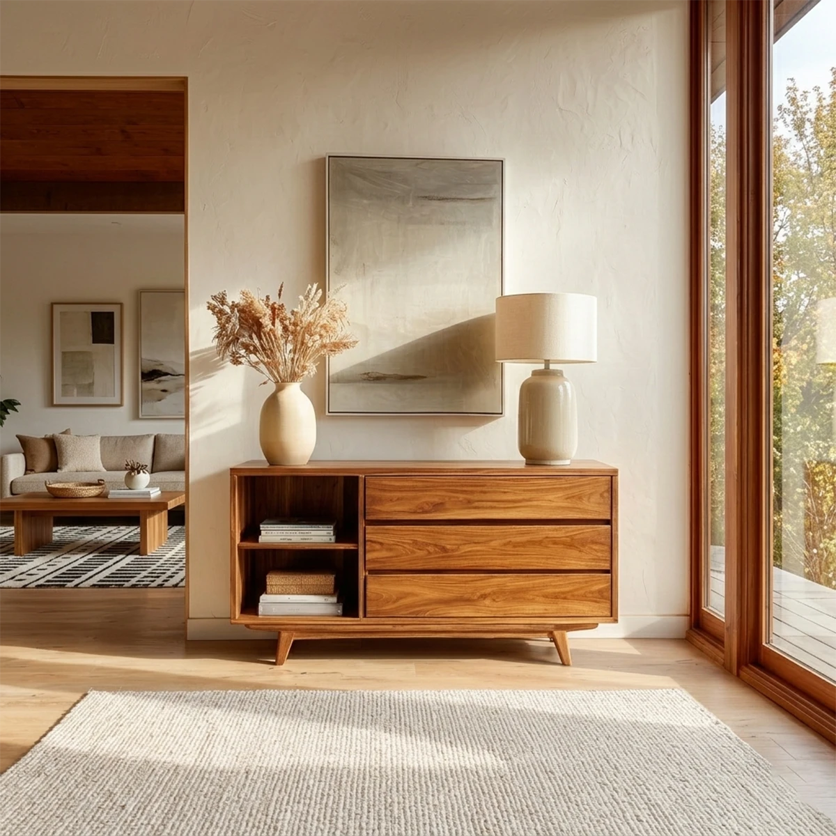 Thoughtfully designed storage table with drawers and shelving for entryway essentials