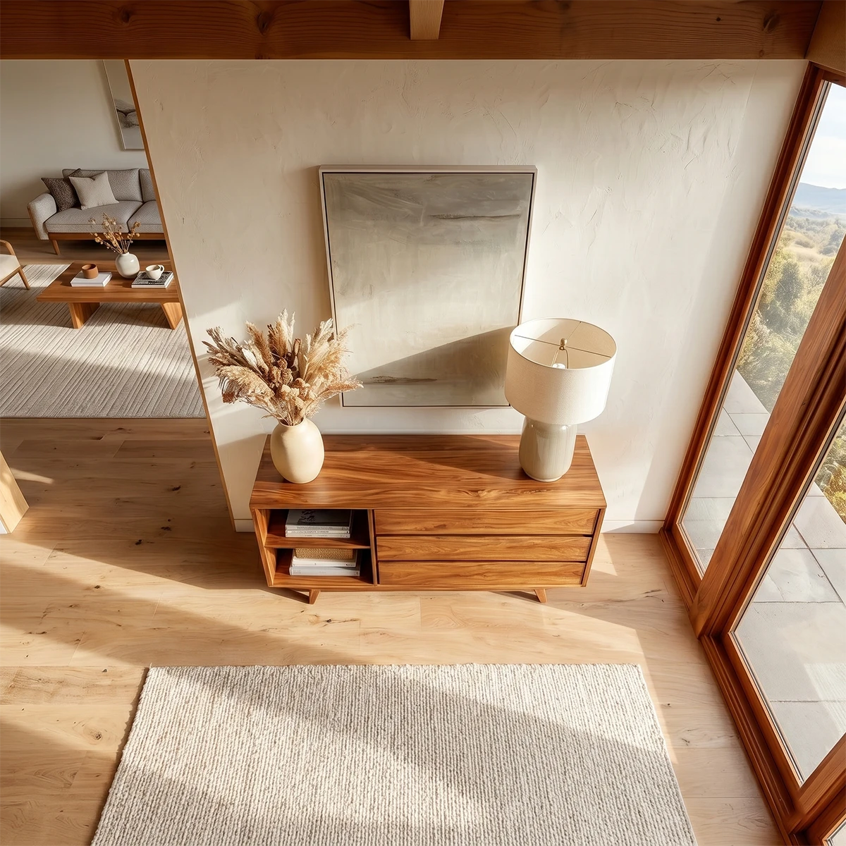 Elegant storage console with three drawers and practical open shelf organization space