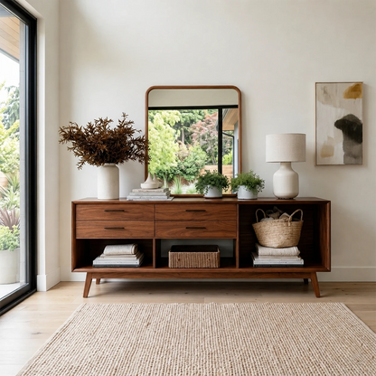 Contemporary foyer console offering drawer storage and decorative display shelving