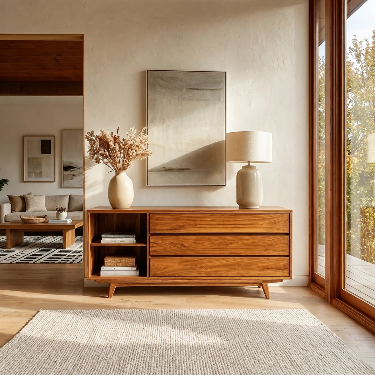 Contemporary console furniture with concealed storage and open shelf organization