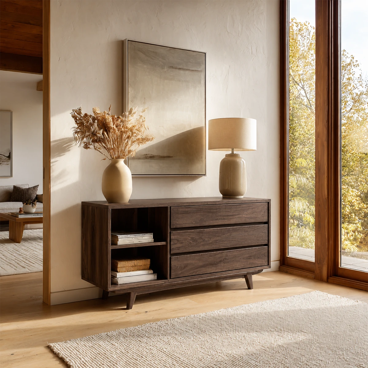 Minimalist console cabinet featuring streamlined drawers and accessible display shelving