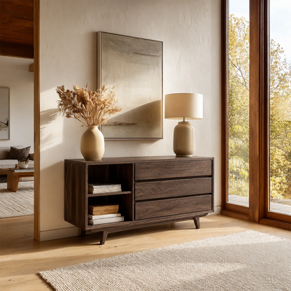 Minimalist console cabinet featuring streamlined drawers and accessible display shelving
