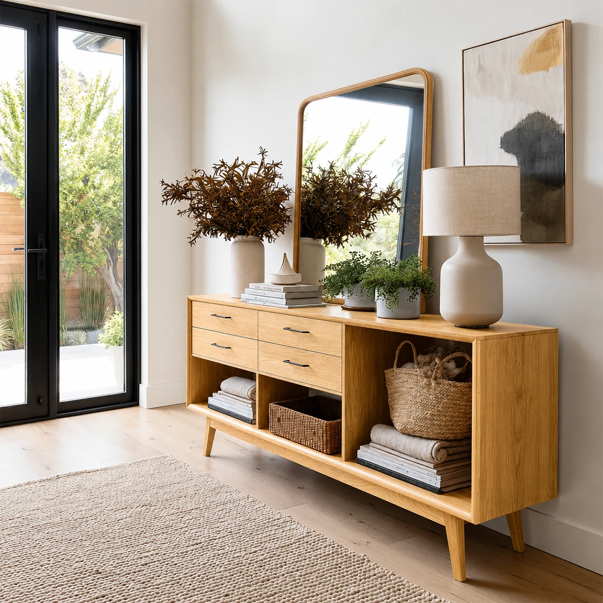 Versatile sofa table with four drawers and open shelf organization for modern interiors